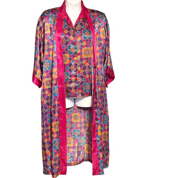 Vintage Delicates Satin Pajama Set Colorful Pink Paisley PJs & Robe Medium 12-14 - Picture 9 of 16